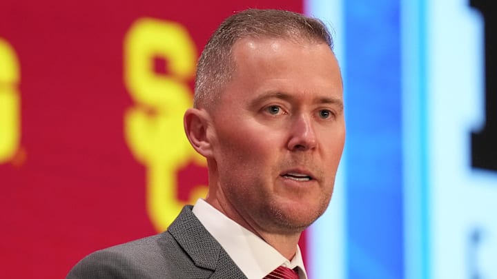Jul 24, 2025; Las Vegas, NV, USA; USC head coach Lincoln Riley speaks to the media during the Big Ten NCAA college football media days at Mandalay Bay Resort. Mandatory Credit: Lucas Peltier-Imagn Images