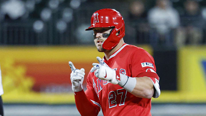Apr 27, 2026; Chicago, Illinois, USA; Los Angeles Angels center fielder Mike Trout (27) celebrates after hitting a double against the Chicago White Sox during the first inning at Rate Field. Mandatory Credit: Kamil Krzaczynski-Imagn Images