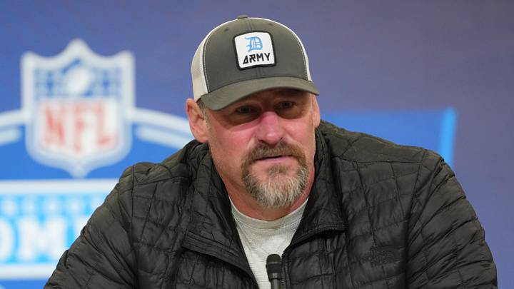 Feb 24, 2026; Indianapolis, IN, USA; Detroit Lions coach Dan Campbell speaks at the NFL Scouting Combine at the Indiana Convention Center. Mandatory Credit: Kirby Lee-Imagn Images