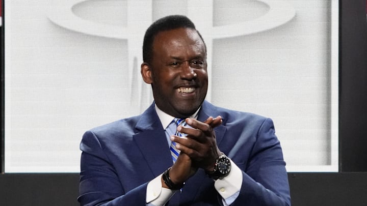 May 12, 2025; Chicago, Illinois, US; Rolando Blackman of the Dallas Mavericks reacts after winning the the first pick during the 2025 NBA Draft Lottery at McCormick Place. Mandatory Credit: David Banks-Imagn Images