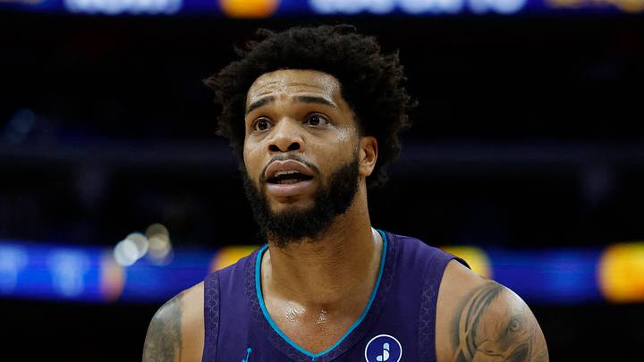 Former Charlotte Hornets forward Miles Bridges reacts in the first half against the Detroit Pistons at Little Caesars Arena on Dec. 20, 2025. Former Charlotte Hornets forward Miles Bridges reacts in the first half against the Detroit Pistons at Little Caesars Arena on Dec. 20, 2025.