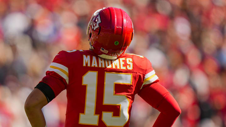 Oct 19, 2025; Kansas City, Missouri, USA; Kansas City Chiefs quarterback Patrick Mahomes (15) reacts during the first half against the Las Vegas Raiders at GEHA Field at Arrowhead Stadium. Mandatory Credit: Jay Biggerstaff-Imagn Images