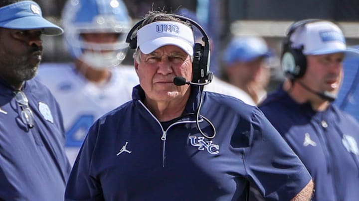 Sep 20, 2025; Orlando, Florida, USA; North Carolina Tar Heels head coach Bill Belichick walks the sideline during the first quarter against the UCF Knights at the Bounce House Stadium. Mandatory Credit: Mike Watters-Imagn Images
