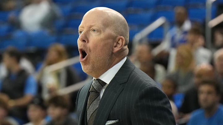 Dec 17, 2024; Los Angeles, California, USA; UCLA Bruins head coach Mick Cronin reacts in the first half against the Prairie View A&M Panthers at Pauley Pavilion presented by Wescom. Mandatory Credit: Kirby Lee-Imagn Images
