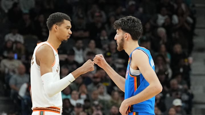 Jan 24, 2024; San Antonio, Texas, USA; San Antonio Spurs center Victor Wembanyama (1) and Oklahoma City Thunder forward Chet Holmgren (7) greet each other before the game at Frost Bank Center. Mandatory Credit: Daniel Dunn-Imagn Images Jan 24, 2024; San Antonio, Texas, USA; San Antonio Spurs center Victor Wembanyama (1) and Oklahoma City Thunder forward Chet Holmgren (7) greet each other before the game at Frost Bank Center. Mandatory Credit: Daniel Dunn-Imagn Images