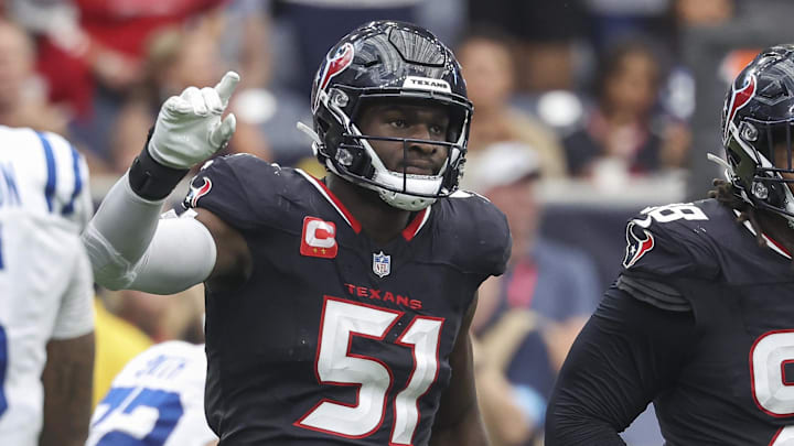 Oct 27, 2024; Houston, Texas, USA; Houston Texans defensive end Will Anderson Jr. (51) reacts after a play during the second half against the Indianapolis Colts at NRG Stadium. Mandatory Credit: Troy Taormina-Imagn Images
