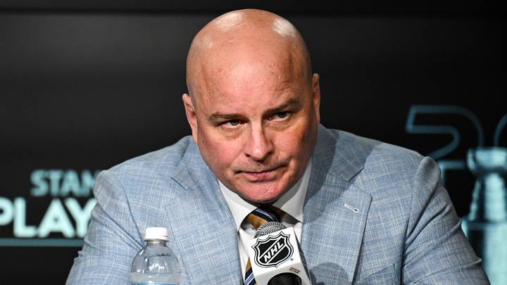 May 2, 2025; St. Louis, Missouri, USA; St. Louis Blues head coach Jim Montgomery speaks to the media following  game six of the first round of the 2025 Stanley Cup Playoffs against the Winnipeg Jets at Enterprise Center. Mandatory Credit: Connor Hamilton-Imagn Images