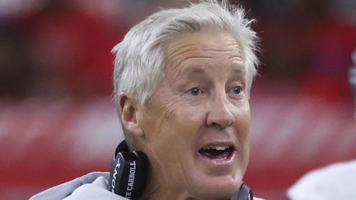 Dec 21, 2025; Houston, Texas, USA; Las Vegas Raiders head coach Pete Carroll reacts after a play during the second half against the Houston Texans at NRG Stadium. Mandatory Credit: Troy Taormina-Imagn Images