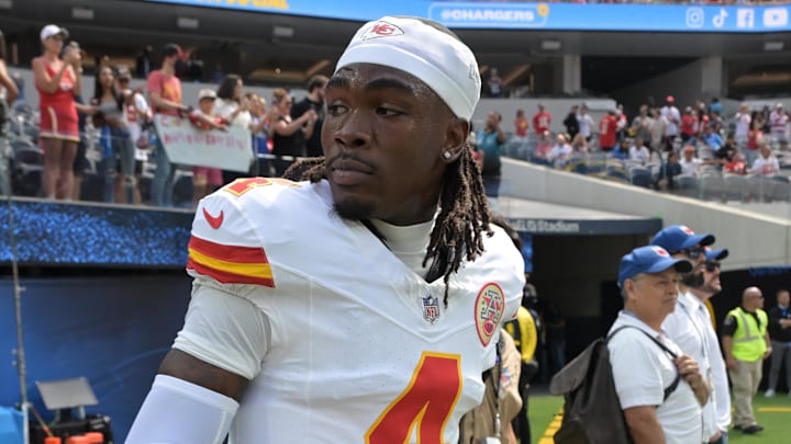 Sep 29, 2024; Inglewood, California, USA;  Kansas City Chiefs wide receiver Rashee Rice (4) leaves the field following the game against the Los Angeles Chargers at SoFi Stadium. Mandatory Credit: Jayne Kamin-Oncea-Imagn Images