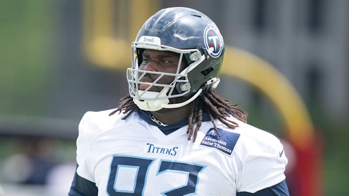 Tennessee Titans nose tackle T'Vondre Sweat works out during OTAs at Ascension Saint Thomas Sports Park.