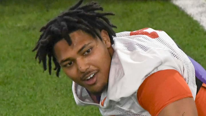 Clemson defensive end T.J. Parker (3) during the first football practice at the Allen N. Reeves Football Complex at Clemson University in Clemson, S.C. Friday, February 28, 2025.