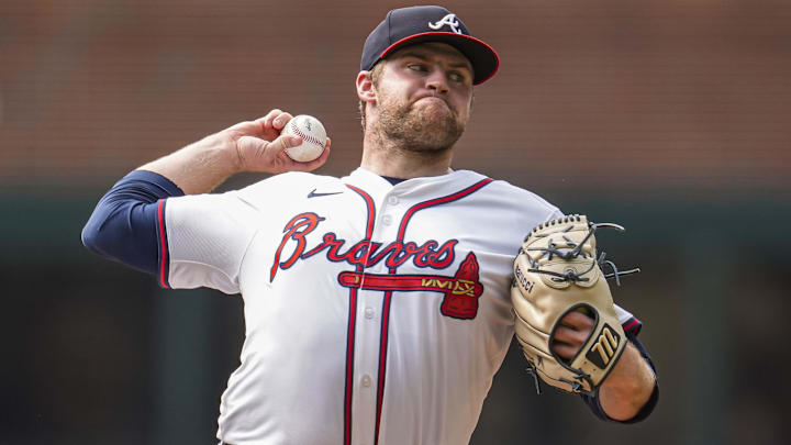 Sep 24, 2025; Cumberland, Georgia, USA; Atlanta Braves starting pitcher Bryce Elder (55) pitches against the Washington Nationals during the first inning at Truist Park. Sep 24, 2025; Cumberland, Georgia, USA; Atlanta Braves starting pitcher Bryce Elder (55) pitches against the Washington Nationals during the first inning at Truist Park.