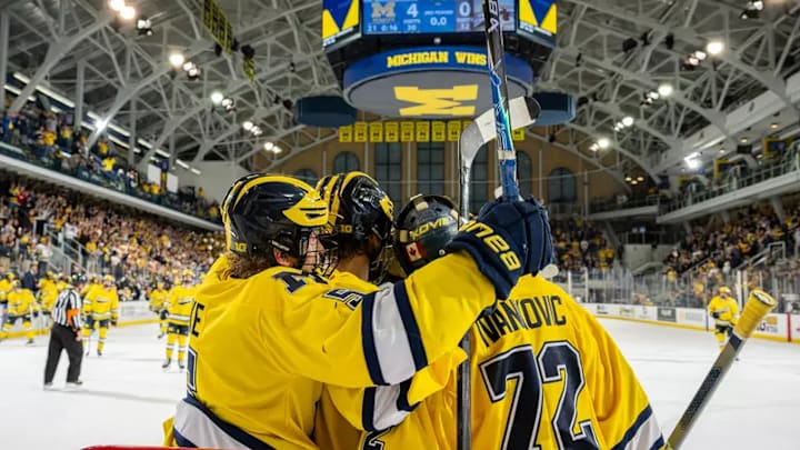 No. 3 Michigan celebrates with goaltender Jack Ivankovic after shutting out No. 2 Western Michigan at Yost Arena on Oct. 23, 2025 No. 3 Michigan celebrates with goaltender Jack Ivankovic after shutting out No. 2 Western Michigan at Yost Arena on Oct. 23, 2025