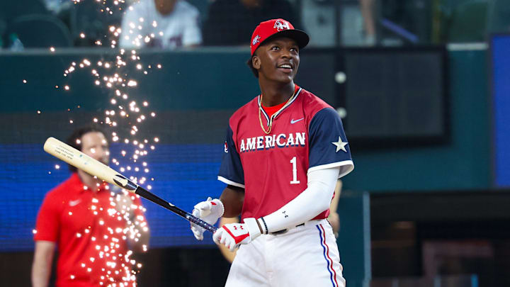American League Future  infielder Sebastian Walcott (1) reacts during the Futures Skills Showcase at Globe Life Field. 