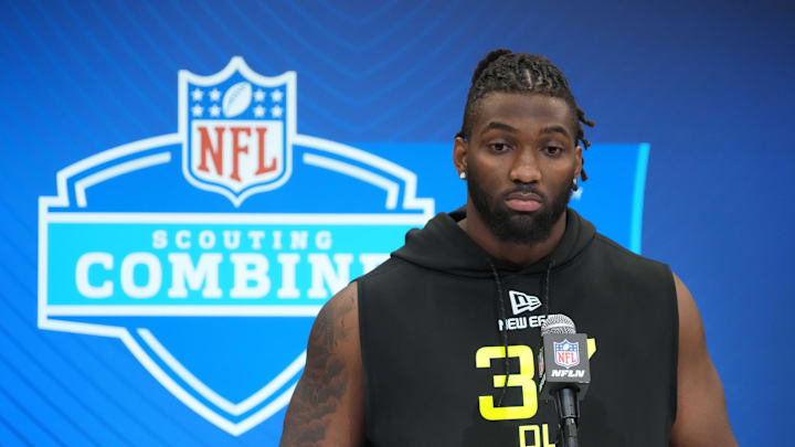 Feb 26, 2025; Indianapolis, IN, USA; Texas A&M defensive lineman Shemar Turner (DL37) during the 2025 NFL Scouting Combine at the Indiana Convention Center. Mandatory Credit: Kirby Lee-Imagn Images Feb 26, 2025; Indianapolis, IN, USA; Texas A&M defensive lineman Shemar Turner (DL37) during the 2025 NFL Scouting Combine at the Indiana Convention Center. Mandatory Credit: Kirby Lee-Imagn Images