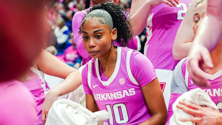 Arkanss Razorbacks Taleyah Jones during a break in a game against the LSU Tigers at the Pete Maravich Center in Baton Rouge, La.