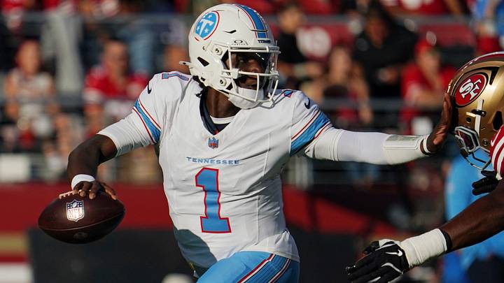 Aug 13, 2026; Santa Clara, California, USA; Tennessee Titans quarterback Cam Ward (1) is sacked by San Francisco 49ers defensive end Titus Leo (96) in the first quarter at Levi's Stadium. Mandatory Credit: David Gonzales-Imagn Images Aug 13, 2026; Santa Clara, California, USA; Tennessee Titans quarterback Cam Ward (1) is sacked by San Francisco 49ers defensive end Titus Leo (96) in the first quarter at Levi's Stadium. Mandatory Credit: David Gonzales-Imagn Images