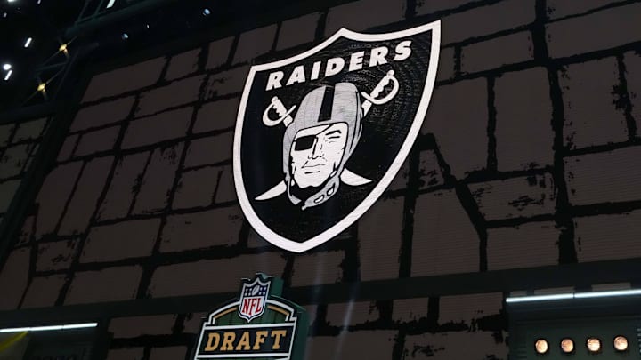 Apr 24, 2025; Green Bay, WI, USA; The Las Vegas Raiders logo is projected on the video board during the NFL Draft at Lambeau Field. Mandatory Credit: Kirby Lee-Imagn Images Apr 24, 2025; Green Bay, WI, USA; The Las Vegas Raiders logo is projected on the video board during the NFL Draft at Lambeau Field. Mandatory Credit: Kirby Lee-Imagn Images