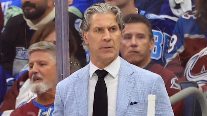 Jan 6, 2026; Tampa, Florida, USA; Colorado Avalanche head coach Jared Bednar against the Tampa Bay Lightning during the first period at Benchmark International Arena. Mandatory Credit: Kim Klement Neitzel-Imagn Images