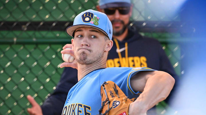 Milwaukee Brewers pitcher Coleman Crow (72) throws in the outfield during spring training workouts Saturday, February 14, 2026, at American Family Fields of Phoenix in Phoenix, Arizona.