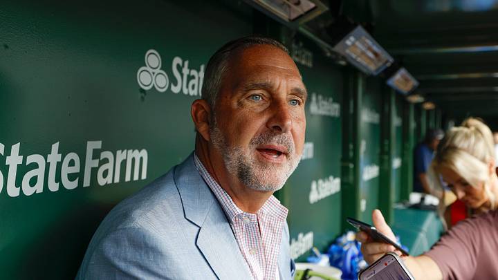 Jul 4, 2025; Chicago, Illinois, USA; St. Louis Cardinals president of baseball operations John Mozeliak speaks before a baseball game against the Chicago Cubs at Wrigley Field. Mandatory Credit: Kamil Krzaczynski-Imagn Images