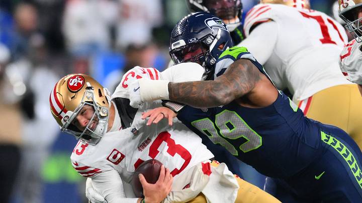 Jan 17, 2026; Seattle, WA, USA; San Francisco 49ers quarterback Brock Purdy (13) is sacked by Seattle Seahawks defensive end Leonard Williams (99) during the second half in an NFC Divisional Round game at Lumen Field. Mandatory Credit: Steven Bisig-Imagn Images Jan 17, 2026; Seattle, WA, USA; San Francisco 49ers quarterback Brock Purdy (13) is sacked by Seattle Seahawks defensive end Leonard Williams (99) during the second half in an NFC Divisional Round game at Lumen Field. Mandatory Credit: Steven Bisig-Imagn Images