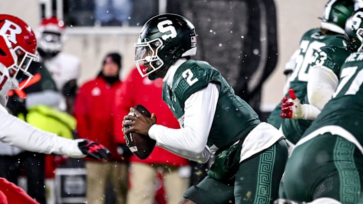 Michigan State's Aidan Chiles scrambles before throwing against Rutgers during the fourth quarter on Saturday, Nov. 30, 2024, at Spartan Stadium in East Lansing.