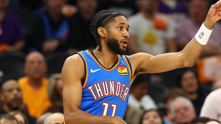 Apr 27, 2026; Phoenix, Arizona, USA; Oklahoma City Thunder guard Isaiah Joe (11) celebrates a shot against the Phoenix Suns in the first half during game four of the first round of the 2026 NBA Playoffs at Mortgage Matchup Center. Mandatory Credit: Mark J. Rebilas-Imagn Images
