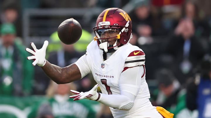 Jan 4, 2026; Philadelphia, Pennsylvania, USA; Washington Commanders wide receiver Deebo Samuel (1) makes a catch during the second quarter against the Philadelphia Eagles at Lincoln Financial Field. Mandatory Credit: Bill Streicher-Imagn Images