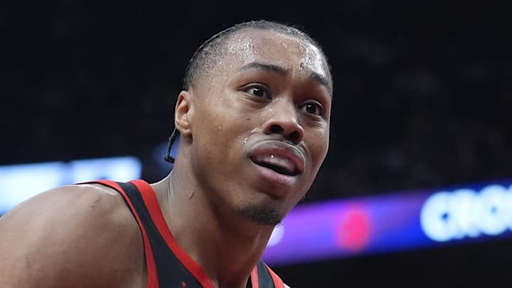 Toronto Raptors guard Scottie Barnes (4) reacts after a play against the Cleveland Cavaliers during the second half of game three of the first round of the 2026 NBA Playoffs at Scotiabank Arena on Apr 23, 2026.
