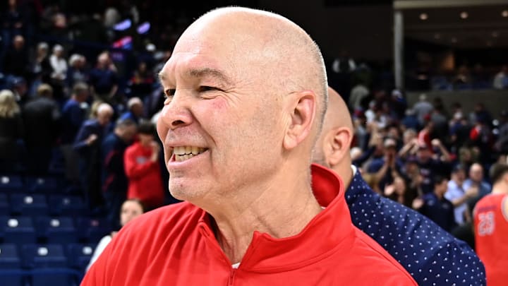 Feb 22, 2025; Spokane, Washington, USA; St. Mary's Gaels head coach Randy Bennett celebrates after a game against the Gonzaga Bulldogs at McCarthey Athletic Center. Mandatory Credit: James Snook-Imagn Images
