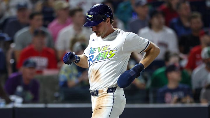 Sep 20, 2025; Tampa, Florida, USA; Tampa Bay Rays right fielder Josh Lowe (15) scores a run against the Boston Red Sox in the seventh inning at George M. Steinbrenner Field. 