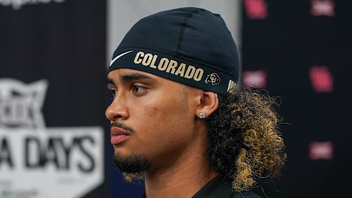 Jul 9, 2025; Frisco, TX, USA; Colorado quarterback Julian Lewis speaks with the media during 2025 Big 12 Football Media Days at The Star. Mandatory Credit: Raymond Carlin III-Imagn Images