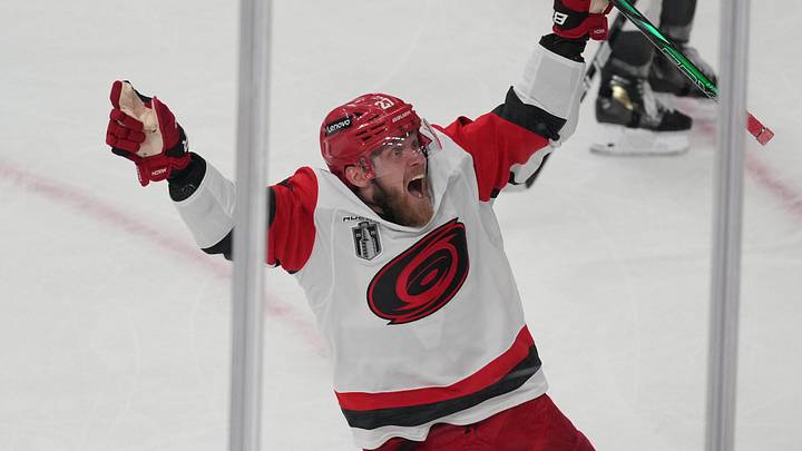 Jun 14, 2026; Las Vegas, Nevada, USA; Carolina Hurricanes left wing Nikolaj Ehlers (27) celebrates scoring an empty net goal during the third period against the Vegas Golden Knights in game six of the 2026 Stanley Cup Final at T-Mobile Arena. Mandatory Credit: Lucas Peltier-Imagn Images Jun 14, 2026; Las Vegas, Nevada, USA; Carolina Hurricanes left wing Nikolaj Ehlers (27) celebrates scoring an empty net goal during the third period against the Vegas Golden Knights in game six of the 2026 Stanley Cup Final at T-Mobile Arena. Mandatory Credit: Lucas Peltier-Imagn Images
