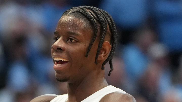 Feb 7, 2026; Chapel Hill, North Carolina, USA;  North Carolina Tar Heels forward Caleb Wilson (8) reacts in the first half at Dean E. Smith Center. Mandatory Credit: Bob Donnan-Imagn Images
