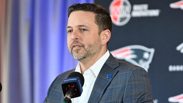 Mar 13, 2025; Foxborough, MA, USA; New England Patriots executive vice president of player personnel Eliot Wolf  discusses the teamís recent free agent additions with the media at Gillette Stadium. Mandatory Credit: Eric Canha-Imagn Images