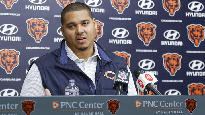 Mar 16, 2023; Lake Forest, IL, USA; Chicago Bears general manager Ryan Poles speaks during a press conference at Halas Hall. Mandatory Credit: Kamil Krzaczynski-Imagn Images