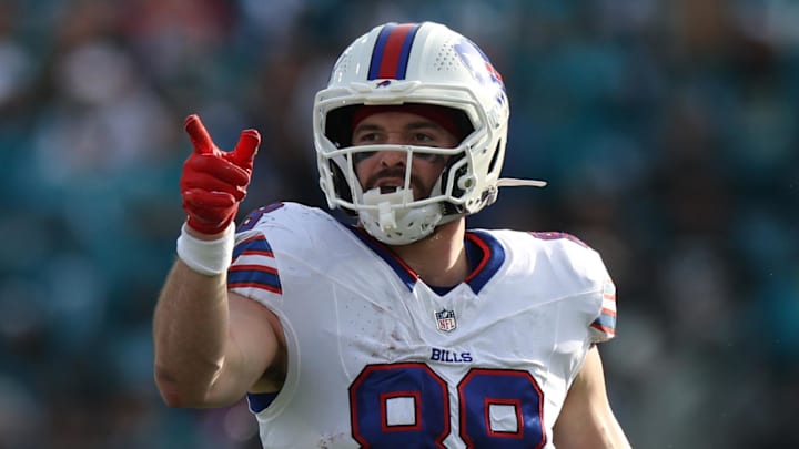 Jan 11, 2026; Jacksonville, FL, USA; Buffalo Bills tight end Dawson Knox (88) reacts during the second half against the Jacksonville Jaguars in an AFC Wild Card Round game at EverBank Stadium. Mandatory Credit: Nathan Ray Seebeck-Imagn Images