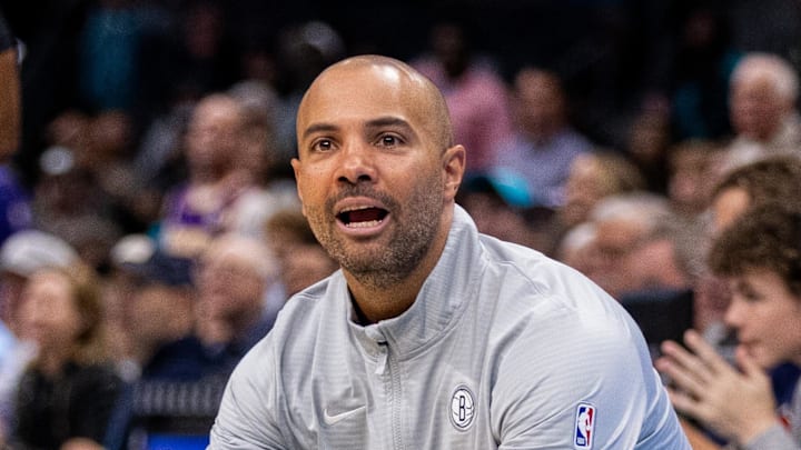 Mar 8, 2025; Charlotte, North Carolina, USA; Brooklyn Nets head coach Jordi Fernandez reacts during the fourth quarter against the Charlotte Hornets at Spectrum Center. Mandatory Credit: Scott Kinser-Imagn Images