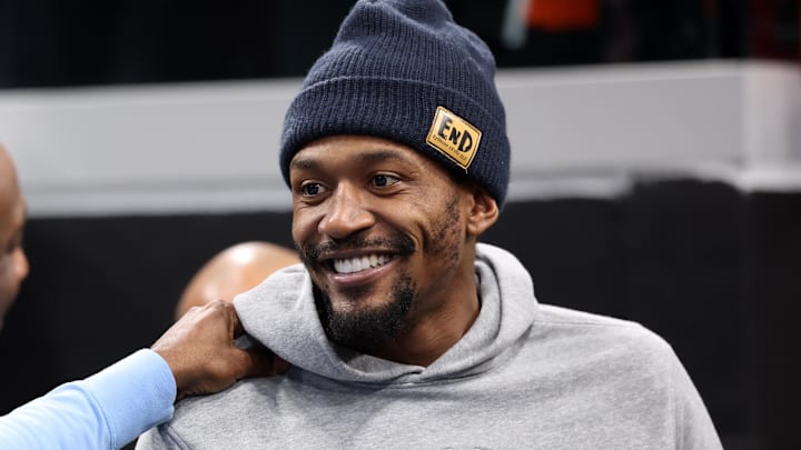 Jan 1, 2026; Inglewood, California, USA;  Los Angeles Clippers guard Bradley Beal (right) chats with Utah Jazz assistant coach Jason Terry prior to an NBA game at Intuit Dome. Mandatory Credit: Kiyoshi Mio-Imagn Images