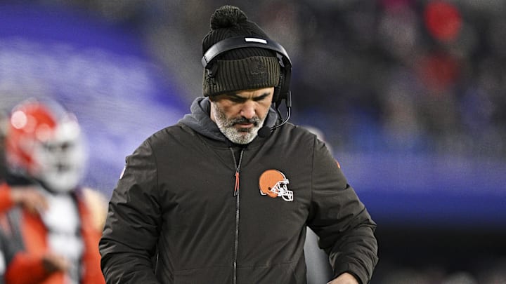 Jan 4, 2025; Baltimore, Maryland, USA; Cleveland Browns head coach Kevin Stefanski looks on during the second quarter against the Baltimore Ravens at M&T Bank Stadium. Mandatory Credit: Tommy Gilligan-Imagn Images