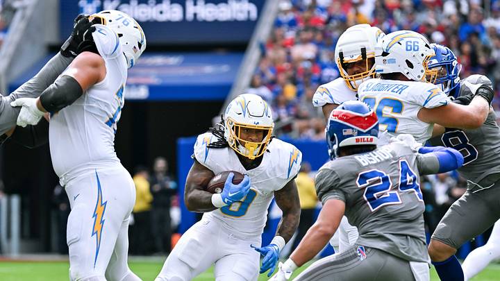 Sep 27, 2026; Orchard Park, New York, USA; Los Angeles Chargers running back Omarion Hampton (8) faces Buffalo Bills safety Cole Bishop (24) in the first half at New Highmark Stadium. Mandatory Credit: Mark Konezny-Imagn Images Sep 27, 2026; Orchard Park, New York, USA; Los Angeles Chargers running back Omarion Hampton (8) faces Buffalo Bills safety Cole Bishop (24) in the first half at New Highmark Stadium. Mandatory Credit: Mark Konezny-Imagn Images