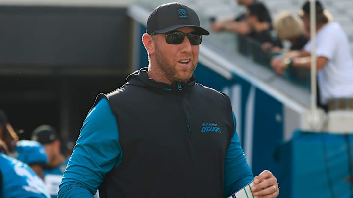 Jacksonville Jaguars head coach Liam Coen runs on the field during an NFL scrimmage event at EverBank Stadium, Friday, Aug. 1, 2025, in Jacksonville, Fla. [Corey Perrine/Florida Times-Union]