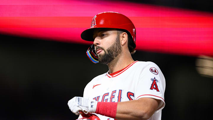 Apr 18, 2026; Anaheim, California, USA; Los Angeles Angels first baseman Nolan Schanuel (18) looks on after hitting a RBI single during the eighth inning against the San Diego Padres at Angel Stadium. Mandatory Credit: William Liang-Imagn Images