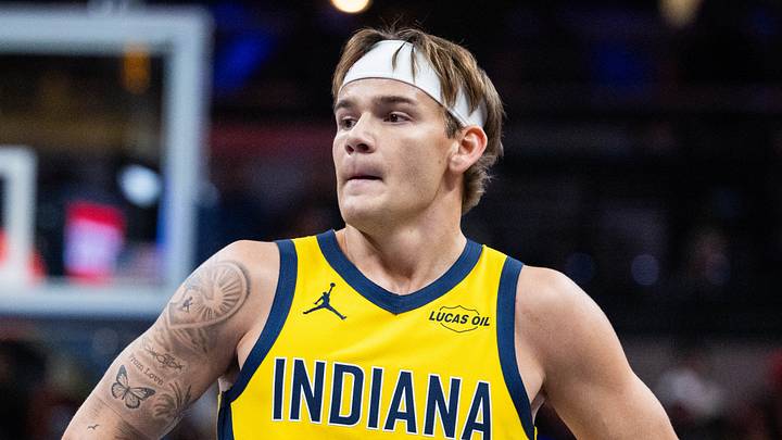 Oct 31, 2025; Indianapolis, Indiana, USA; Indiana Pacers guard Mac McClung (3) in the first half against the Atlanta Hawks at Gainbridge Fieldhouse. Mandatory Credit: Trevor Ruszkowski-Imagn Images