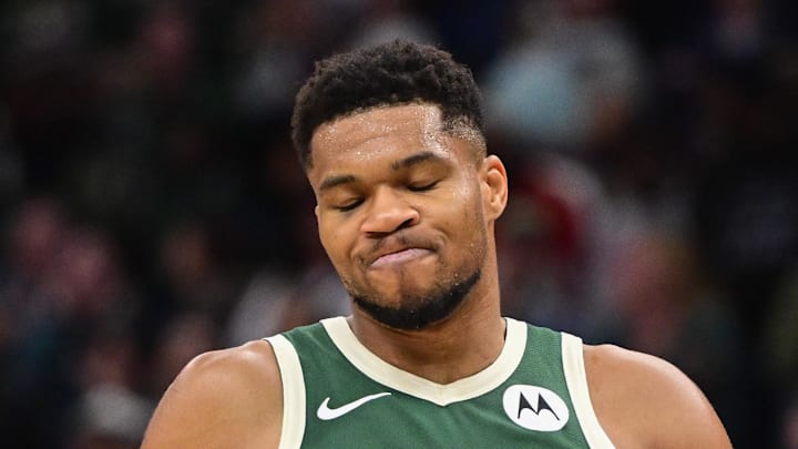 Milwaukee Bucks forward Giannis Antetokounmpo (34) reacts after missing a shot late in the fourth quarter against the Sacramento Kings at Fiserv Forum on November 1, 2025.