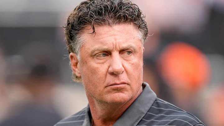 Oklahoma State Head coach Mike Gundy walks on the field before an NCAA football game between Oklahoma State (OSU) and UT Martin in Stillwater, Okla., on Thursday, Aug. 28, 2025.