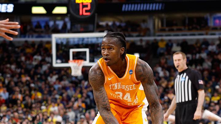Mar 29, 2026; Chicago, IL, USA; Tennessee Volunteers forward Felix Okpara (34) looks to pass in the first half against the Michigan Wolverines during an Elite Eight game of the Midwest Regional of the men's 2026 NCAA Tournament at United Center. Mandatory Credit: Kamil Krzaczynski-Imagn Images