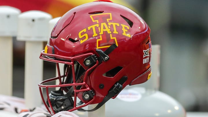 Oct 30, 2021; Morgantown, West Virginia, USA; An Iowa State Cyclones helmet on the bench during the third quarter against the West Virginia Mountaineers at Mountaineer Field at Milan Puskar Stadium. Oct 30, 2021; Morgantown, West Virginia, USA; An Iowa State Cyclones helmet on the bench during the third quarter against the West Virginia Mountaineers at Mountaineer Field at Milan Puskar Stadium.