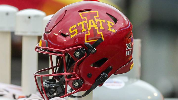 Oct 30, 2021; Morgantown, West Virginia, USA; An Iowa State Cyclones helmet on the bench during the third quarter against the West Virginia Mountaineers at Mountaineer Field at Milan Puskar Stadium.
